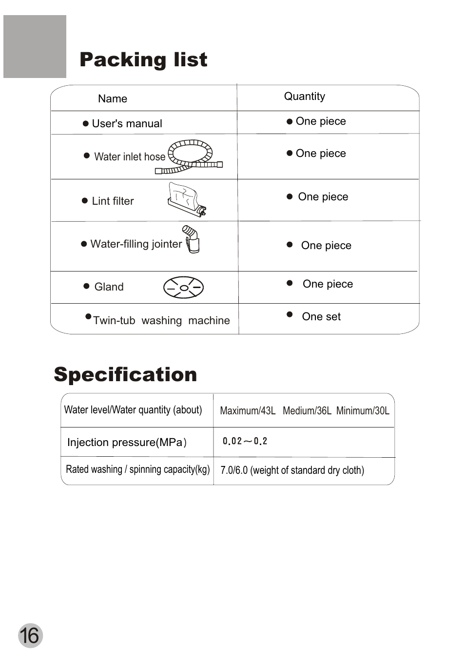 Packing list, Specification | haier XPB70-113S User Manual | Page 18 / 20
