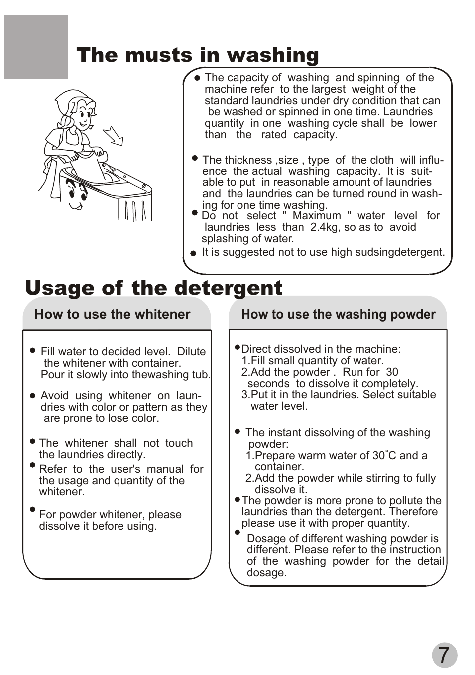The musts in washing, Usage of the detergent | haier XPB70-113S User Manual | Page 9 / 20