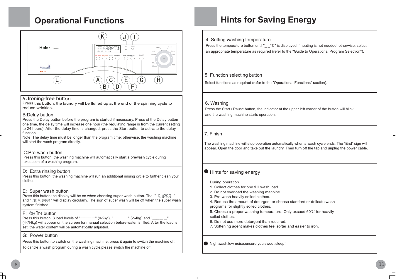 Operational functions, Hints for saving energy | haier HK807I/ME User Manual | Page 8 / 10