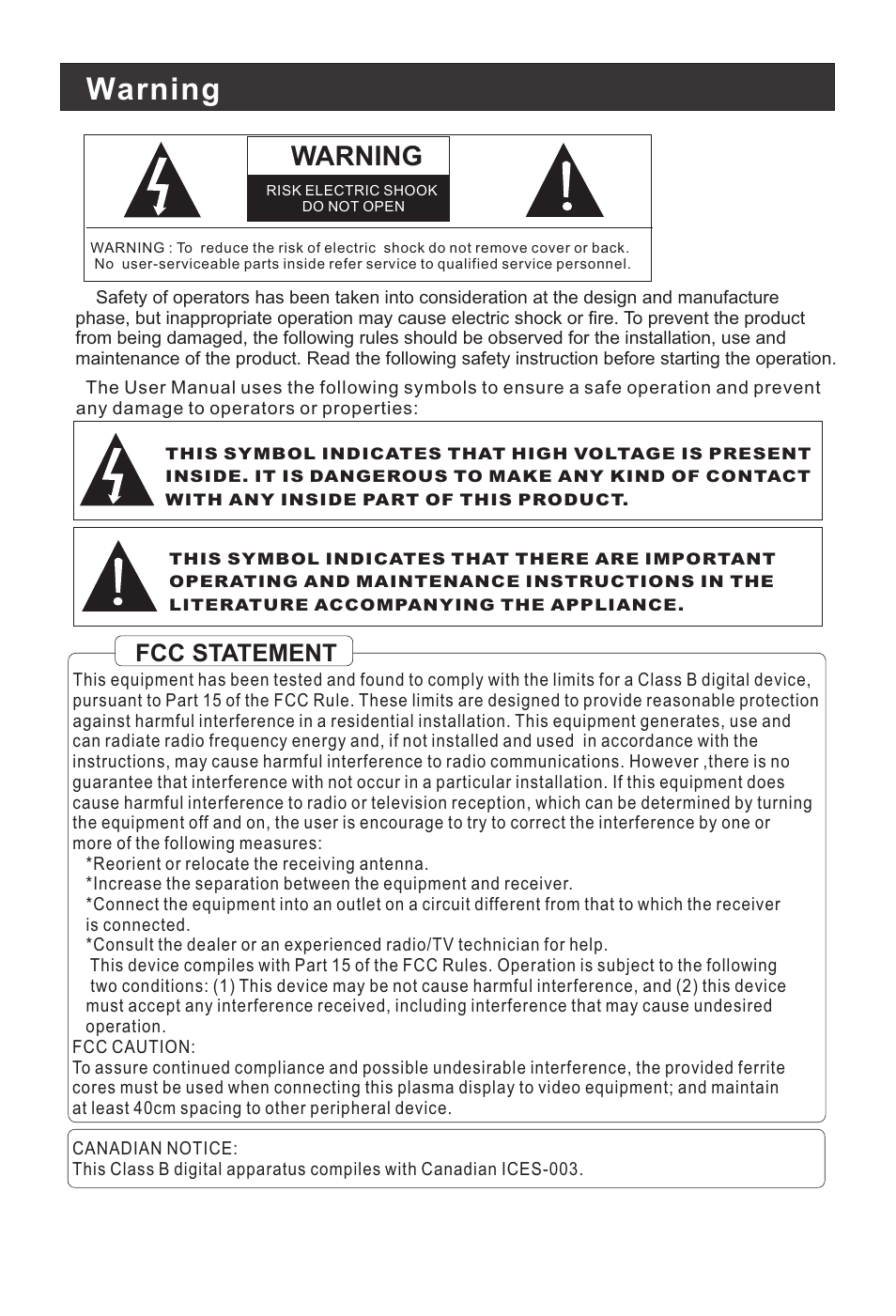 Warning, Fcc statement | haier 20AL25S User Manual | Page 2 / 28