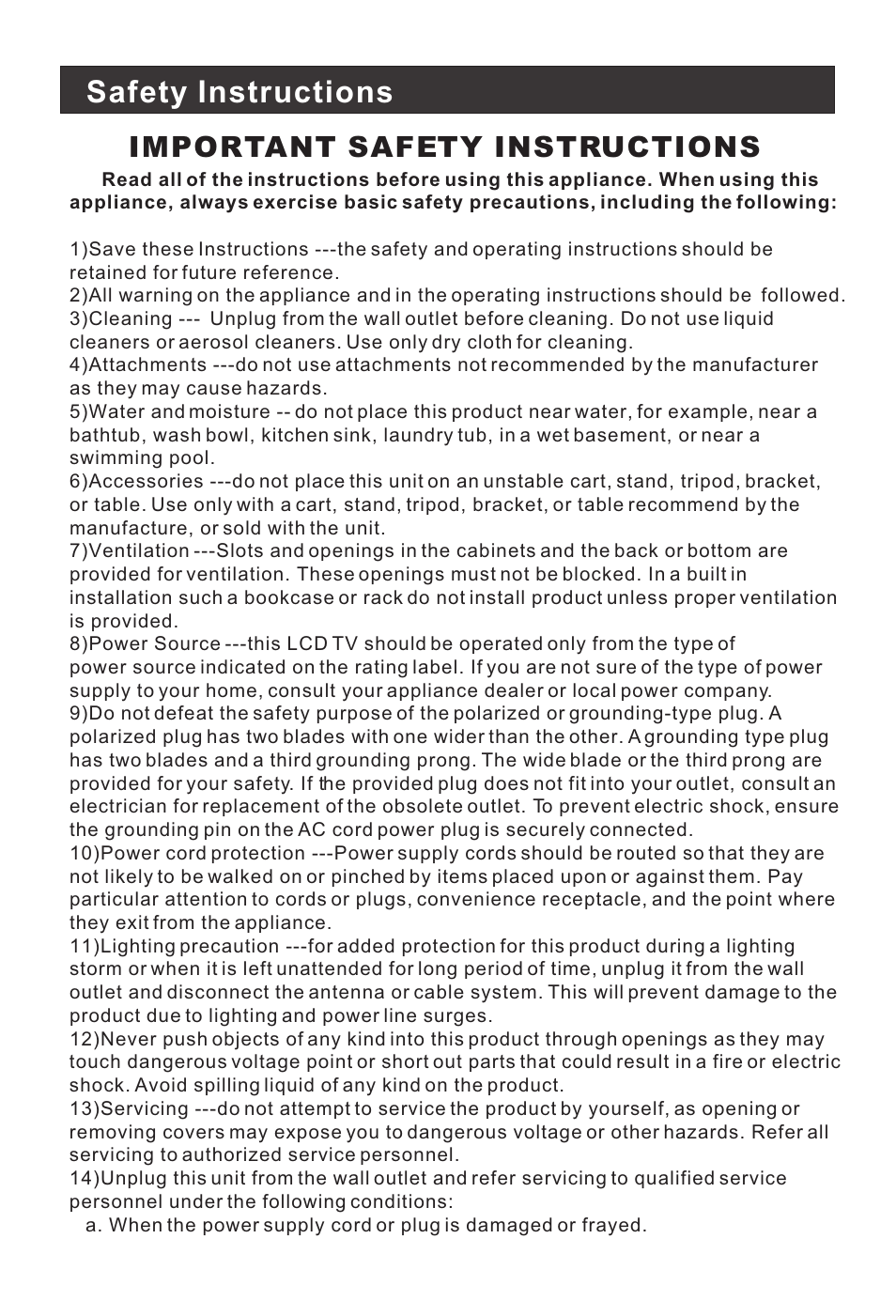 Safety instructions, Important safety instructions | haier 20AL25S User Manual | Page 3 / 28