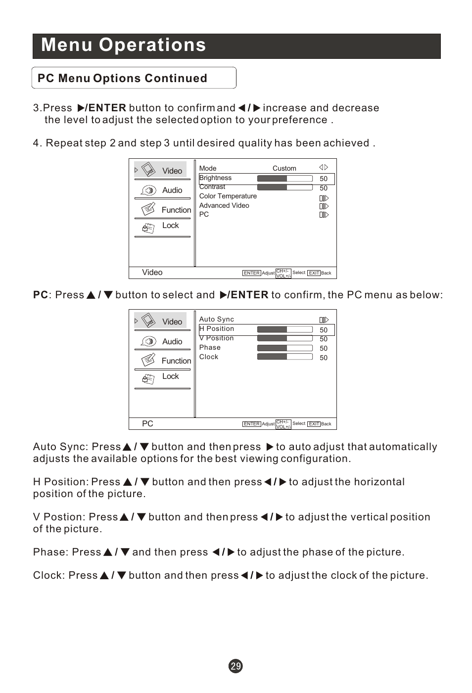Т³гж 34, Menu operations, Pc menu options continued | haier K-Series HL22K1 User Manual | Page 34 / 49