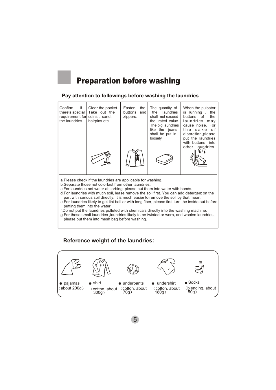 Preparation before washing, Reference weight of the laundries | haier HWM15-0501 User Manual | Page 7 / 12