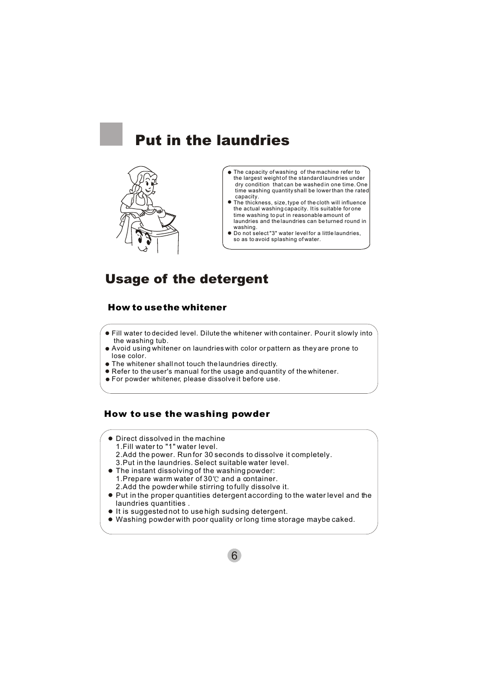 Put in the laundries, Usage of the detergent | haier HWM15-0501 User Manual | Page 8 / 12