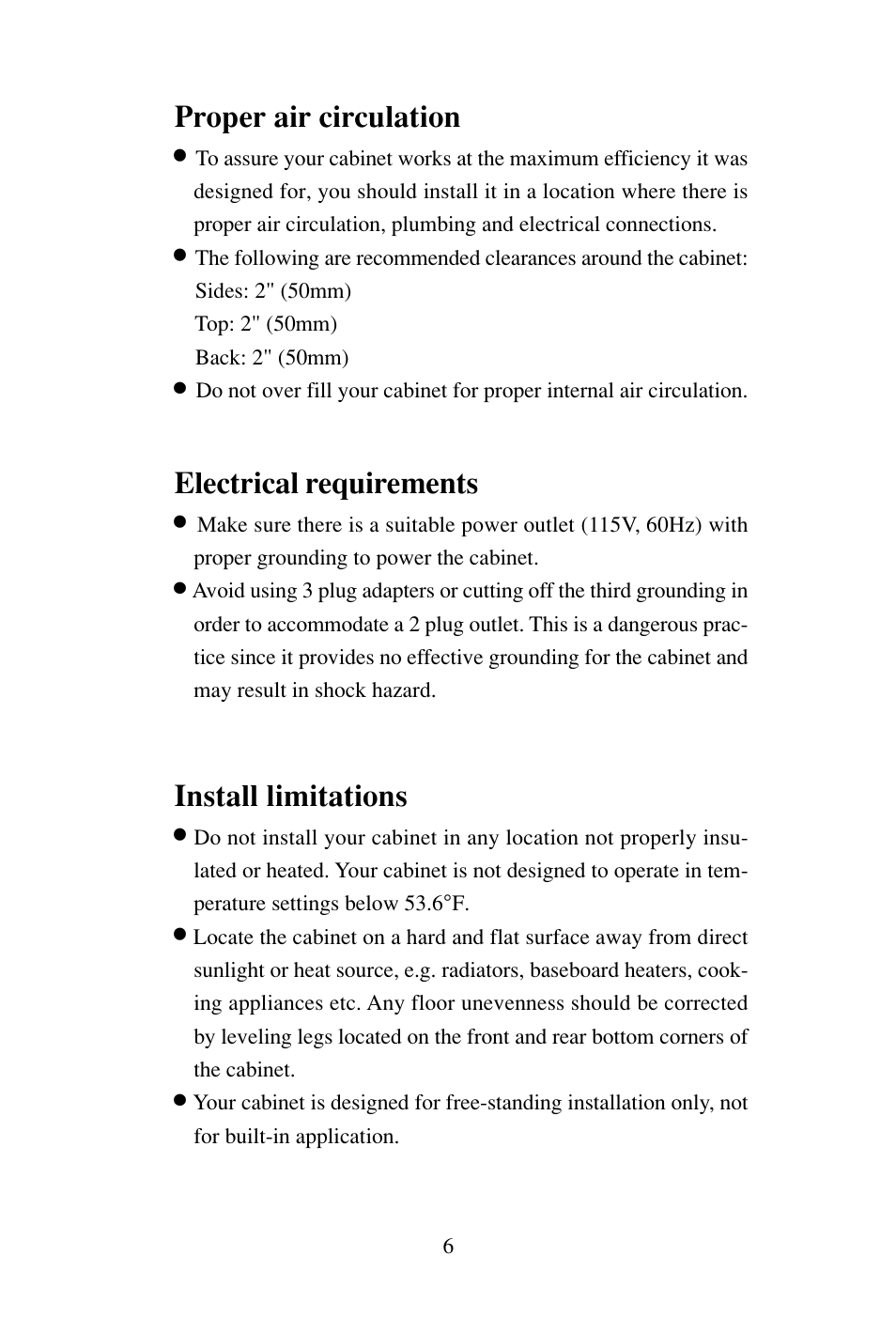 Proper air circulation, Electrical requirements, Install limitations | haier BC-80E User Manual | Page 7 / 15