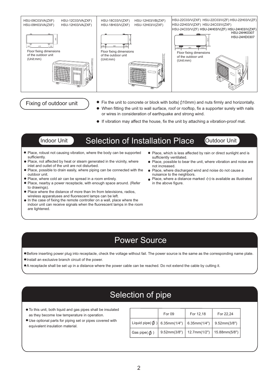 Fixing of outdoor unit indoor unit, Outdoor unit | haier 0010554405B User Manual | Page 2 / 8