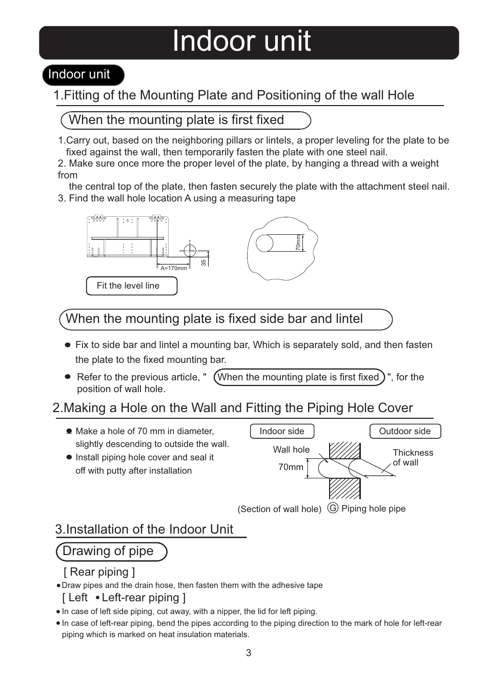 Indoor unit, Installation of the indoor unit drawing of pipe | haier 0010554405B User Manual | Page 3 / 8