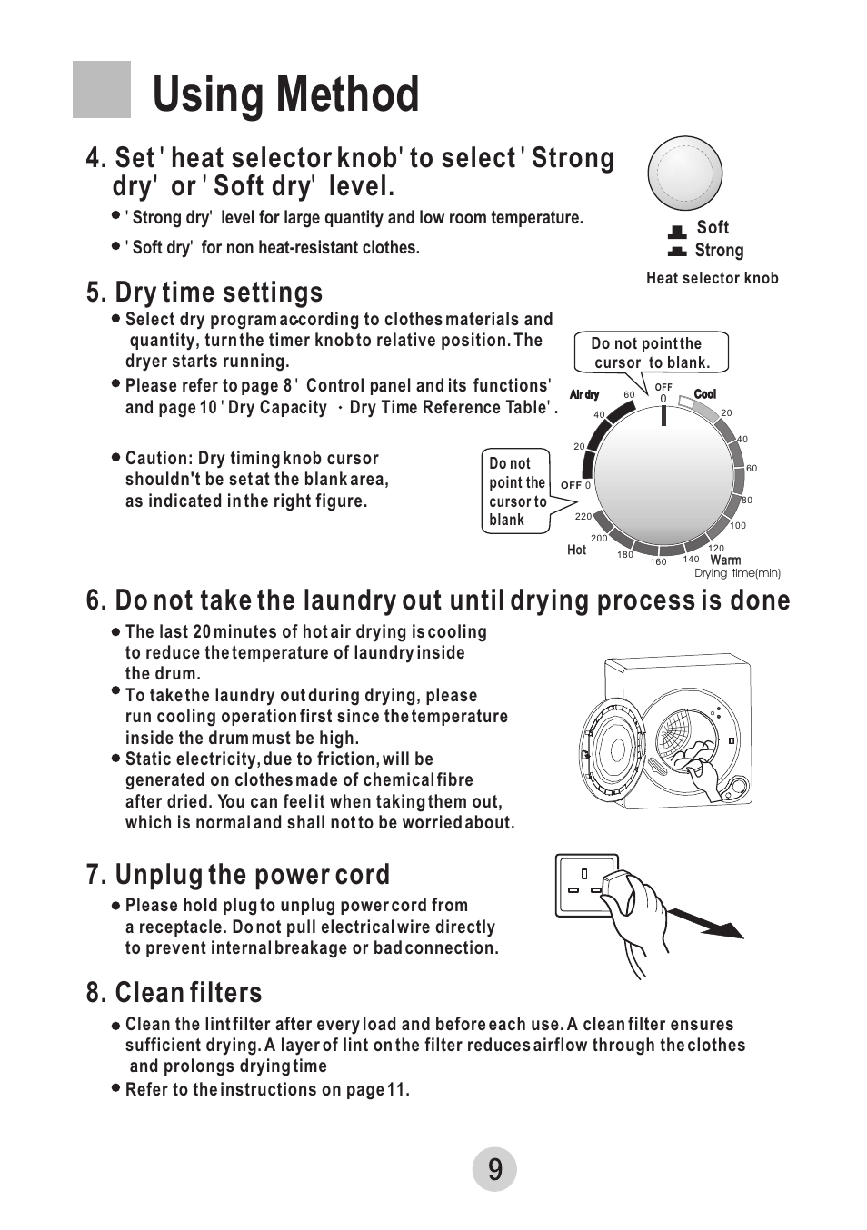 Т³гж 11, Using method, Unplug the power cord | Clean filters, Dry time settings | haier GDZ607VA User Manual | Page 11 / 16