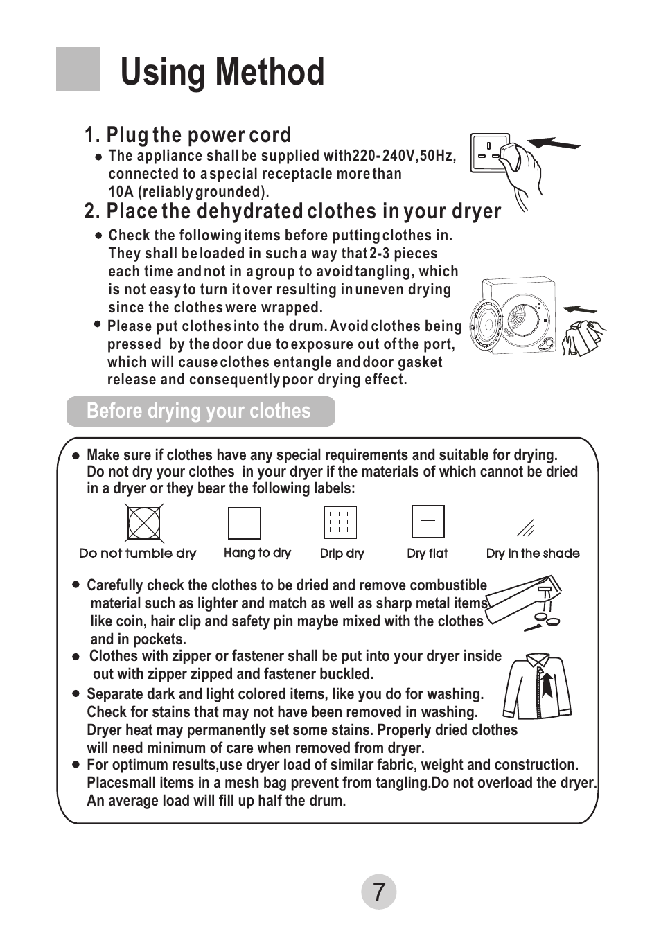 Т³гж 9, Using method, Plug the power cord | Place the dehydrated clothes in your dryer, Before drying your clothes | haier GDZ607VA User Manual | Page 9 / 16