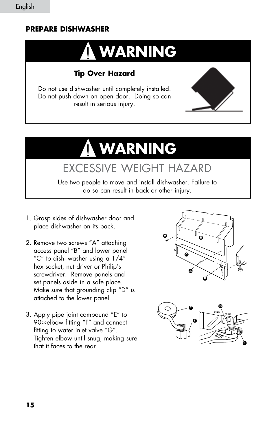 Warning, Excessive weight hazard, Tip over hazard | Prepare dishwasher | haier DW-7777-01 User Manual | Page 16 / 84