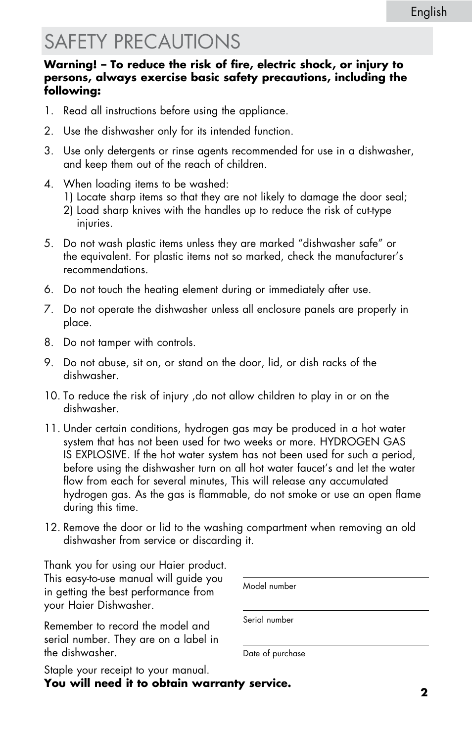 Safety precautions | haier DW-7777-01 User Manual | Page 3 / 84