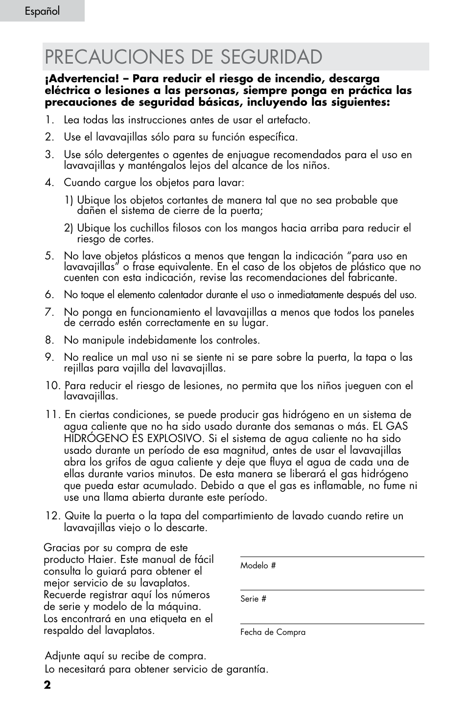 Precauciones de seguridad | haier DW-7777-01 User Manual | Page 30 / 84