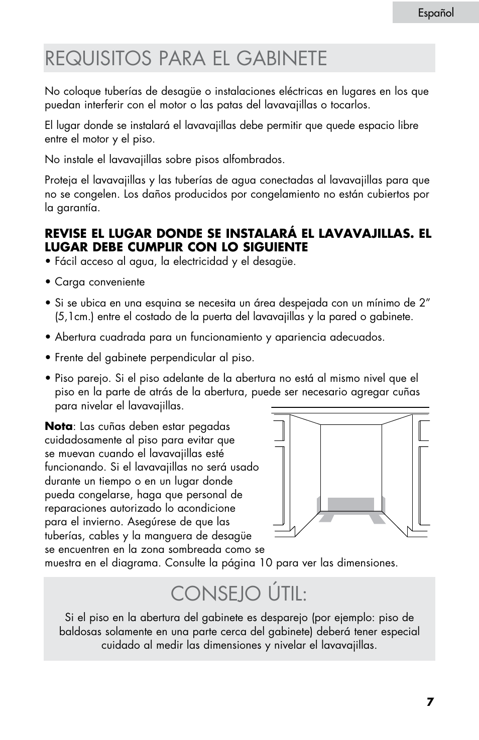 Consejo útil, Requisitos para el gabinete | haier DW-7777-01 User Manual | Page 35 / 84