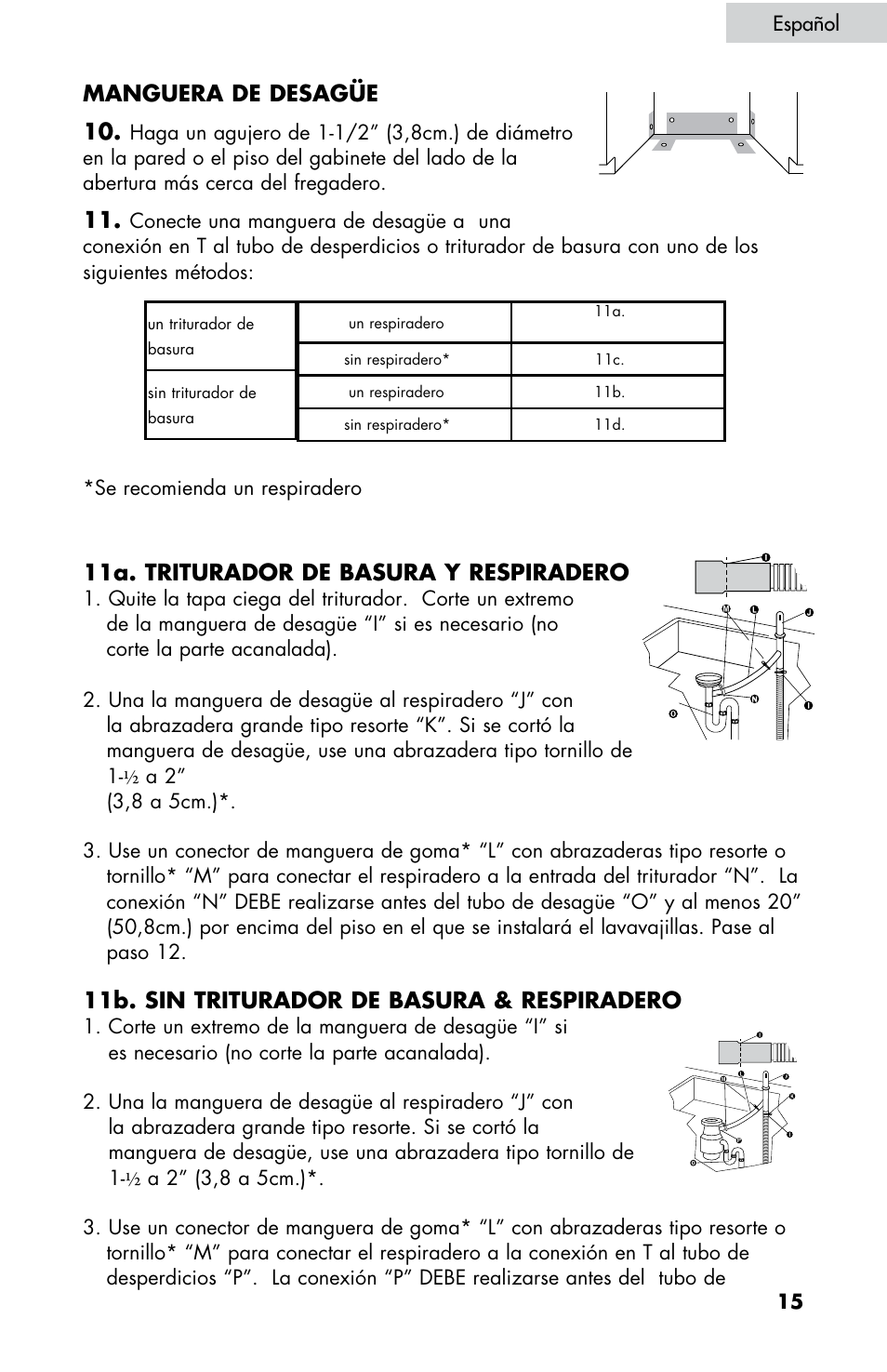 Manguera de desagüe 10, 11a. triturador de basura y respiradero, 11b. sin triturador de basura & respiradero | haier DW-7777-01 User Manual | Page 43 / 84