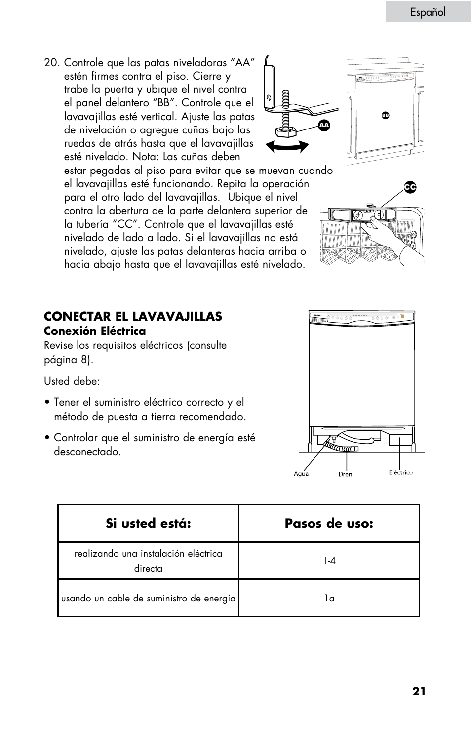 Conectar el lavavajillas, Si usted está: pasos de uso | haier DW-7777-01 User Manual | Page 49 / 84