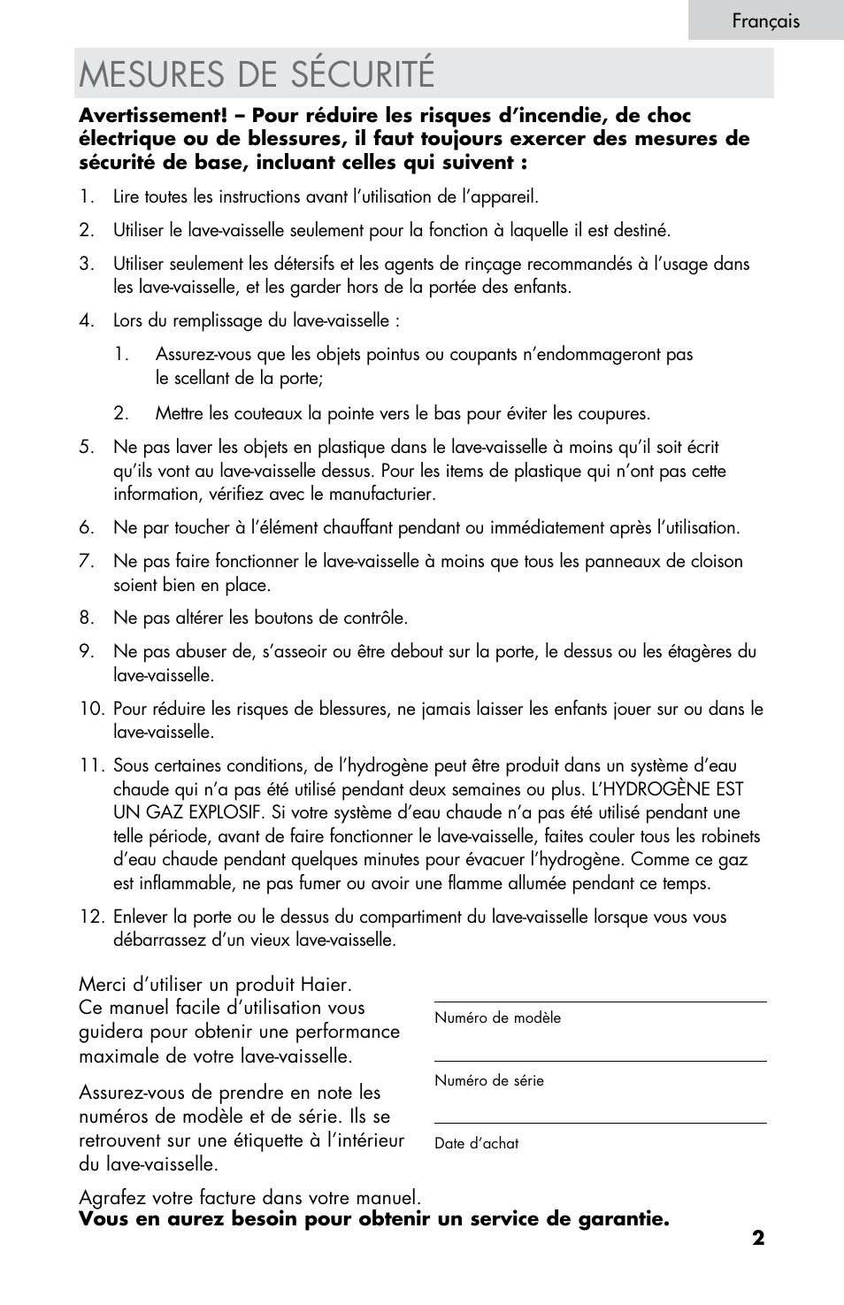 Mesures de sécurité | haier DW-7777-01 User Manual | Page 59 / 84