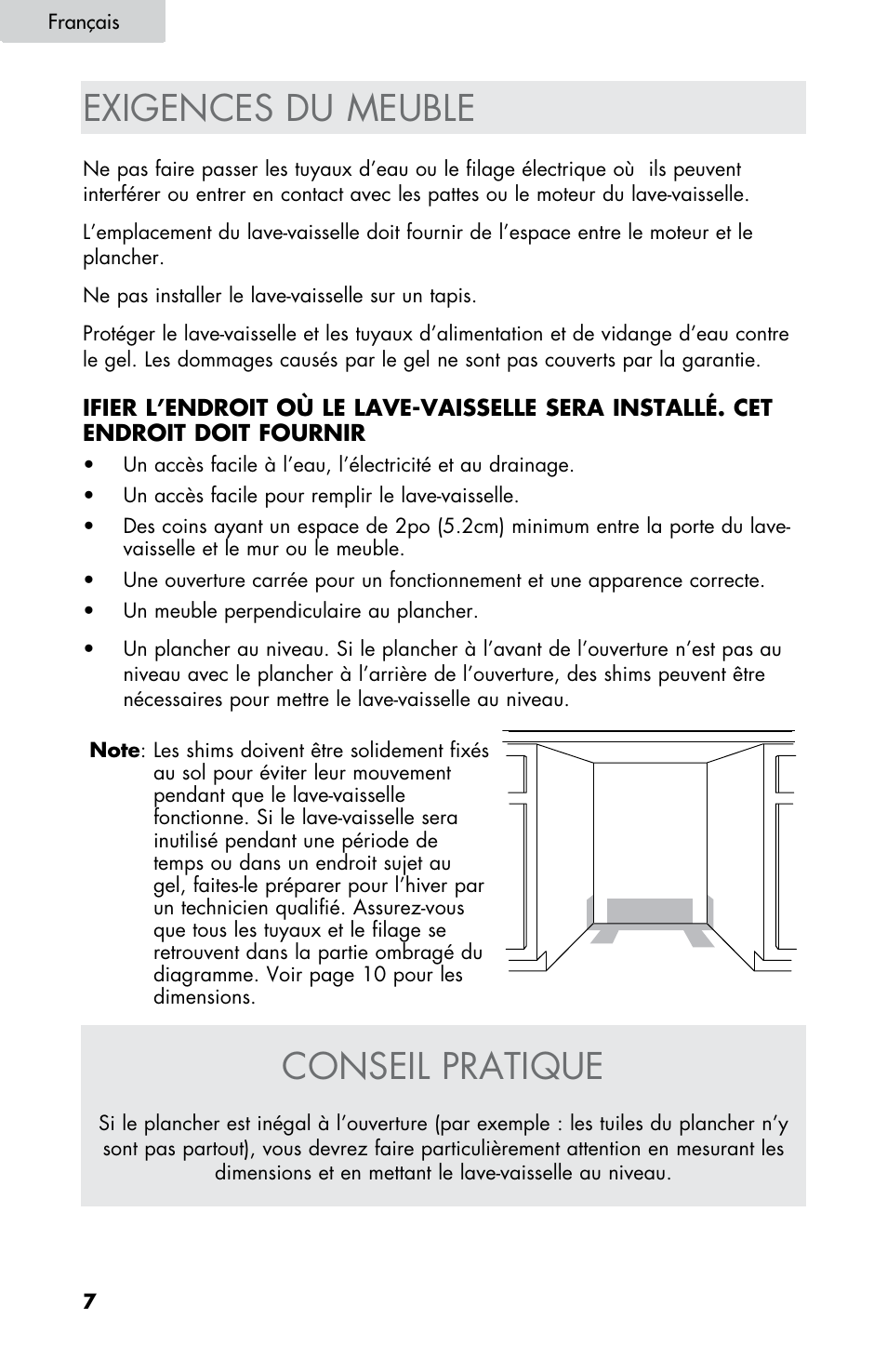 Conseil pratique, Exigences du meuble | haier DW-7777-01 User Manual | Page 64 / 84