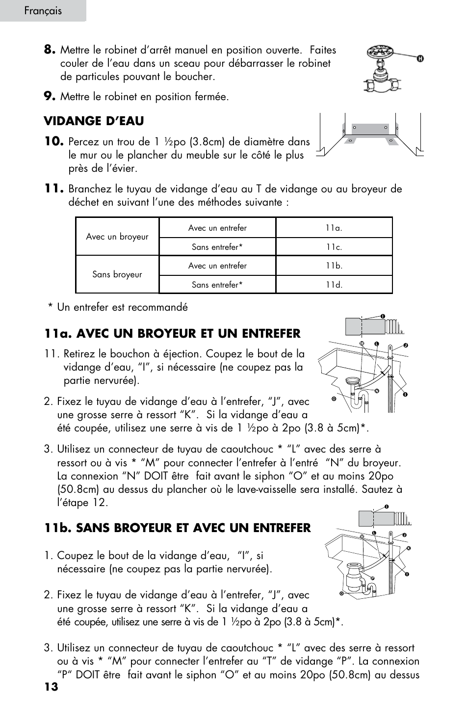 Vidange d’eau 10, 11a. avec un broyeur et un entrefer, 11b. sans broyeur et avec un entrefer | haier DW-7777-01 User Manual | Page 70 / 84