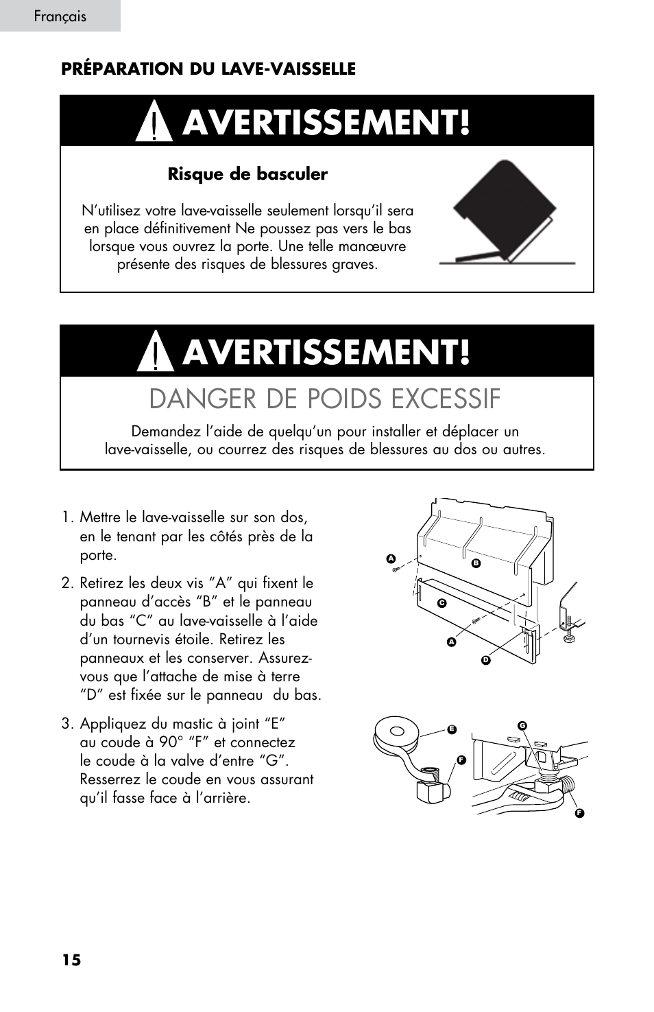 Avertissement, Danger de poids excessif, Risque de basculer | Préparation du lave-vaisselle | haier DW-7777-01 User Manual | Page 72 / 84