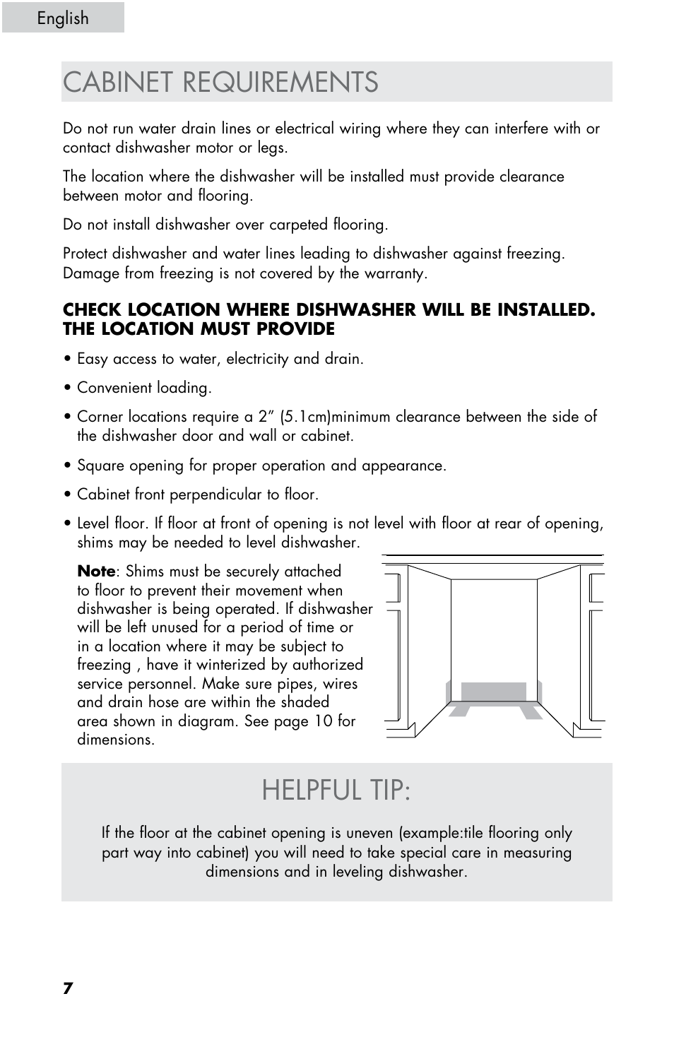 Helpful tip, Cabinet requirements | haier DW-7777-01 User Manual | Page 8 / 84