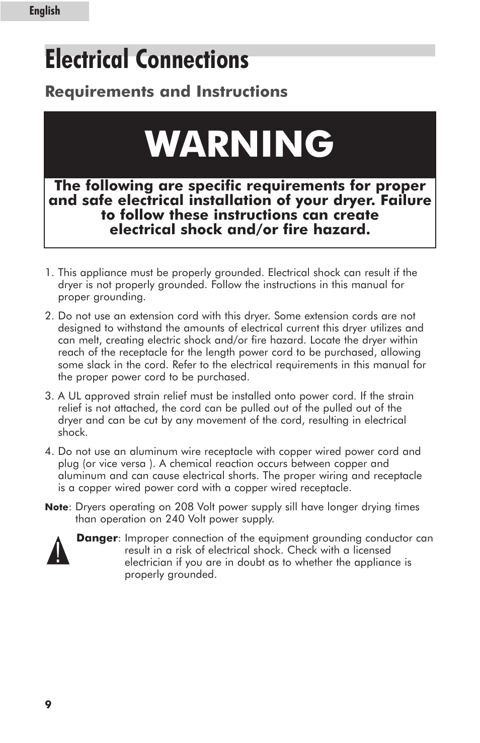 Warning, Electrical connections, Requirements and instructions | haier GDE700AW User Manual | Page 10 / 25