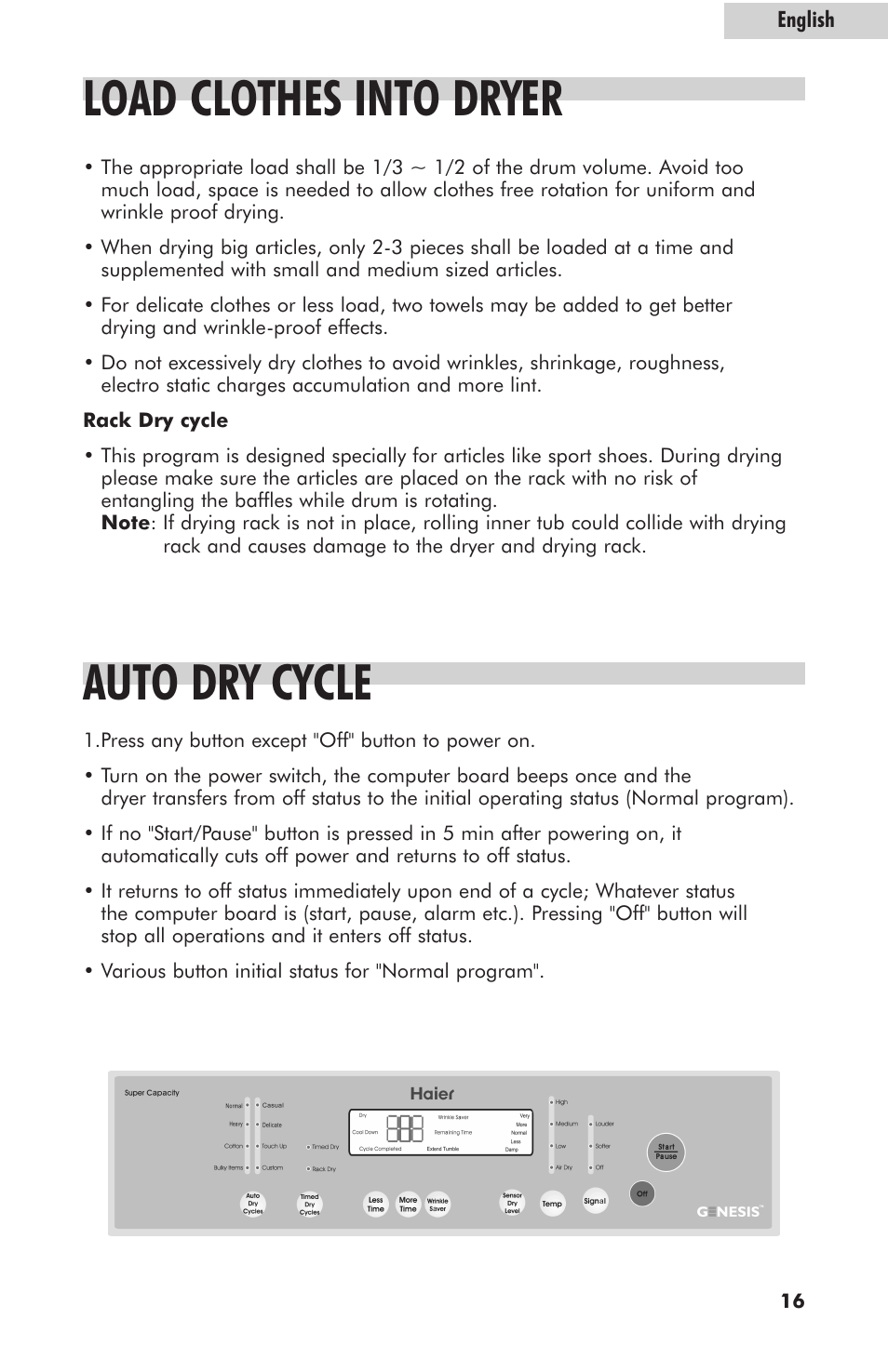 Load clothes into dryer auto dry cycle | haier GDE700AW User Manual | Page 17 / 25