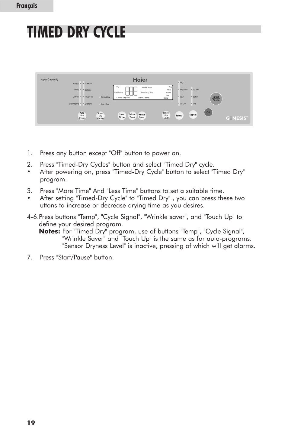 Timed dry cycle | haier GDE700AW User Manual | Page 20 / 25