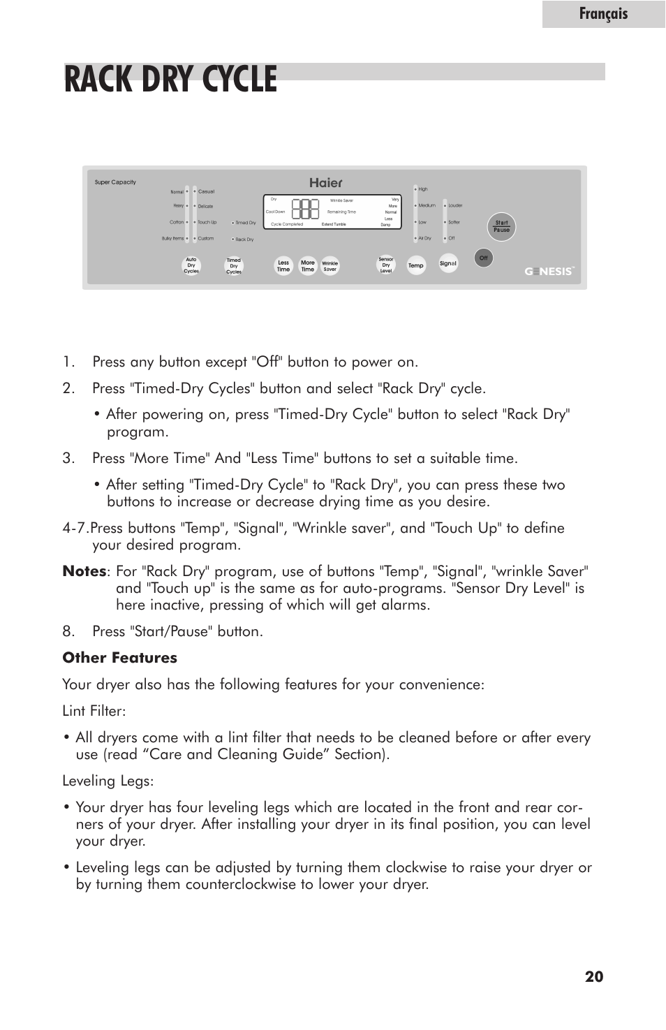 Rack dry cycle | haier GDE700AW User Manual | Page 21 / 25