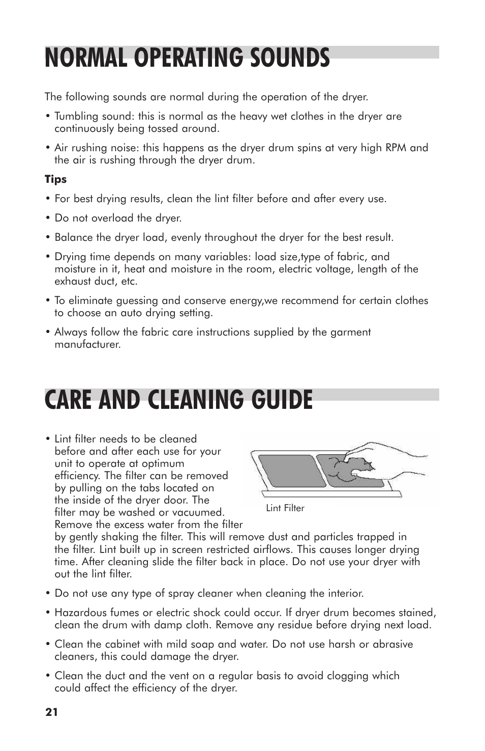 Normal operating sounds, Care and cleaning guide | haier GDE700AW User Manual | Page 22 / 25