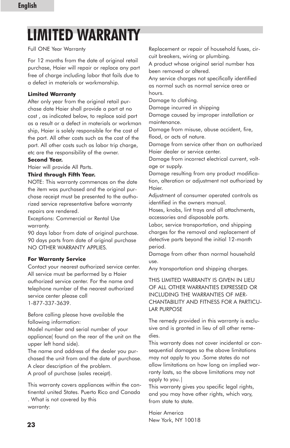 Limited warranty | haier GDE700AW User Manual | Page 24 / 25
