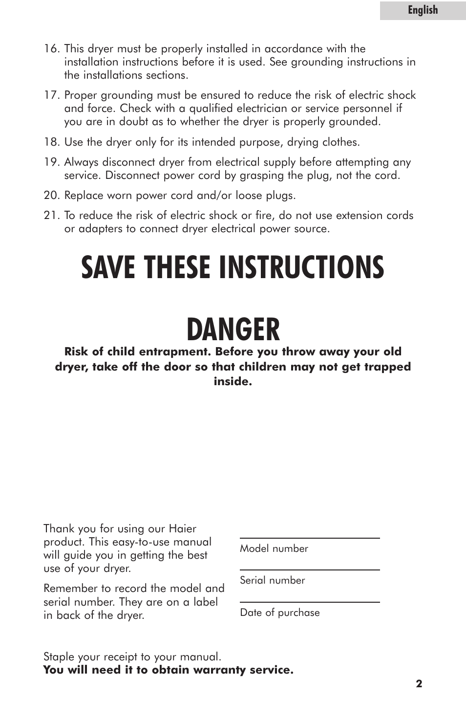 Save these instructions danger | haier GDE700AW User Manual | Page 3 / 25