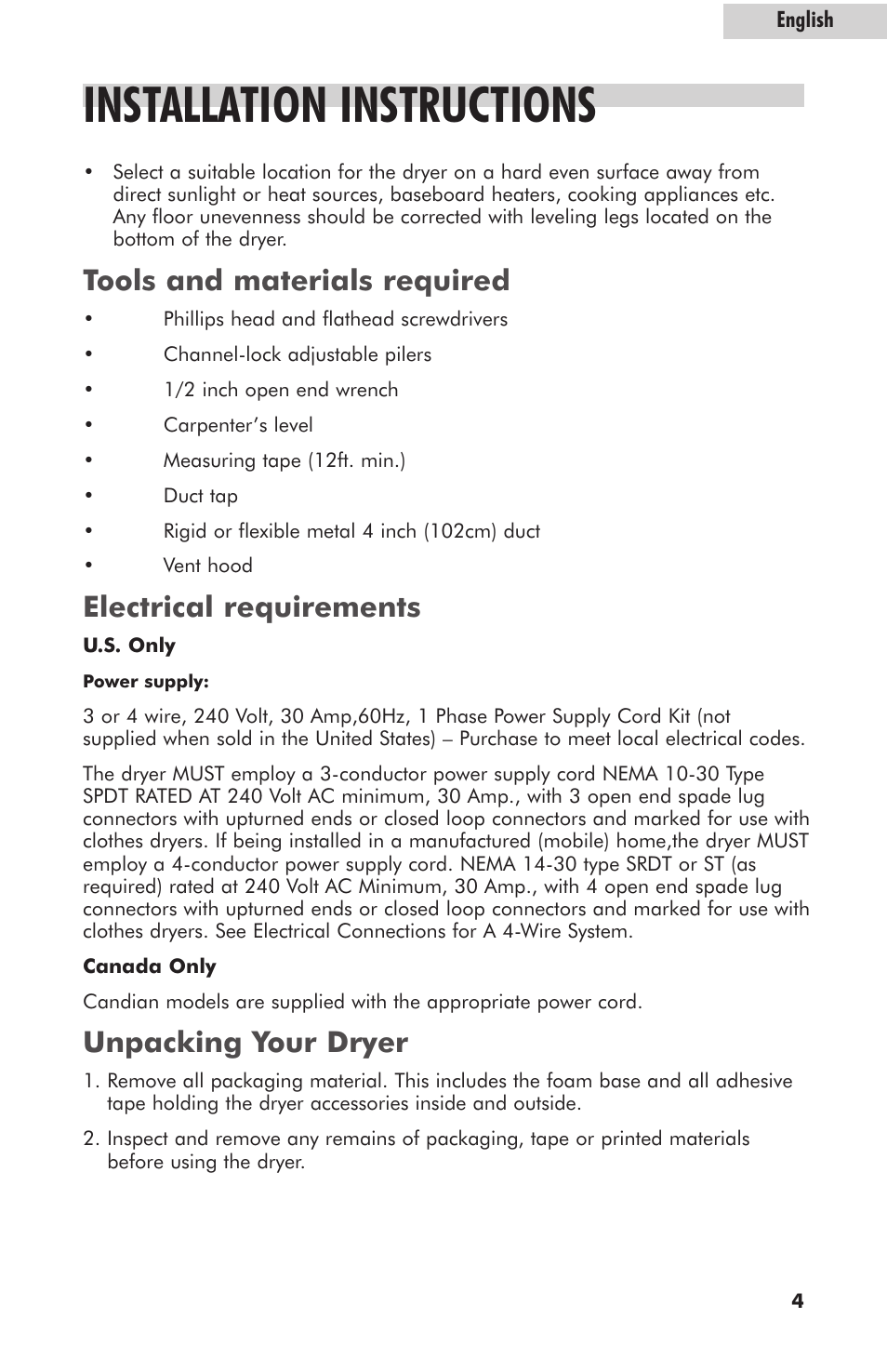 Installation instructions, Tools and materials required, Electrical requirements | Unpacking your dryer | haier GDE700AW User Manual | Page 5 / 25