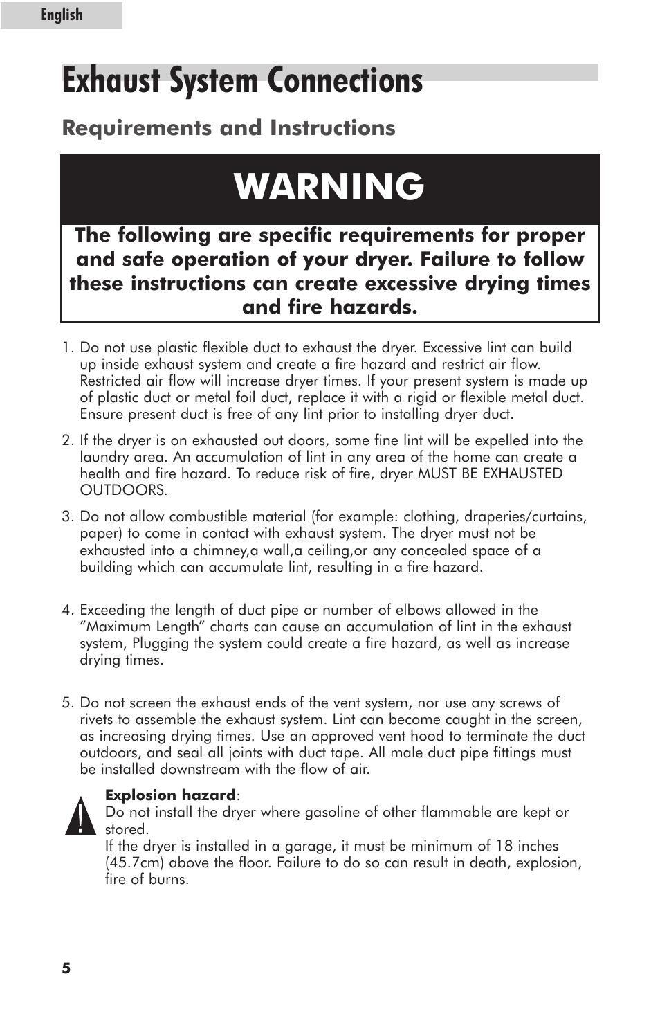 Exhaust system connections, Warning, Requirements and instructions | haier GDE700AW User Manual | Page 6 / 25