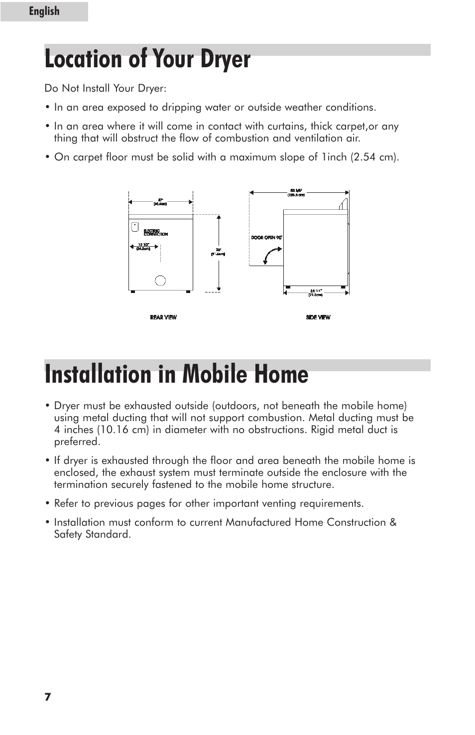 Location of your dryer, Installation in mobile home | haier GDE700AW User Manual | Page 8 / 25