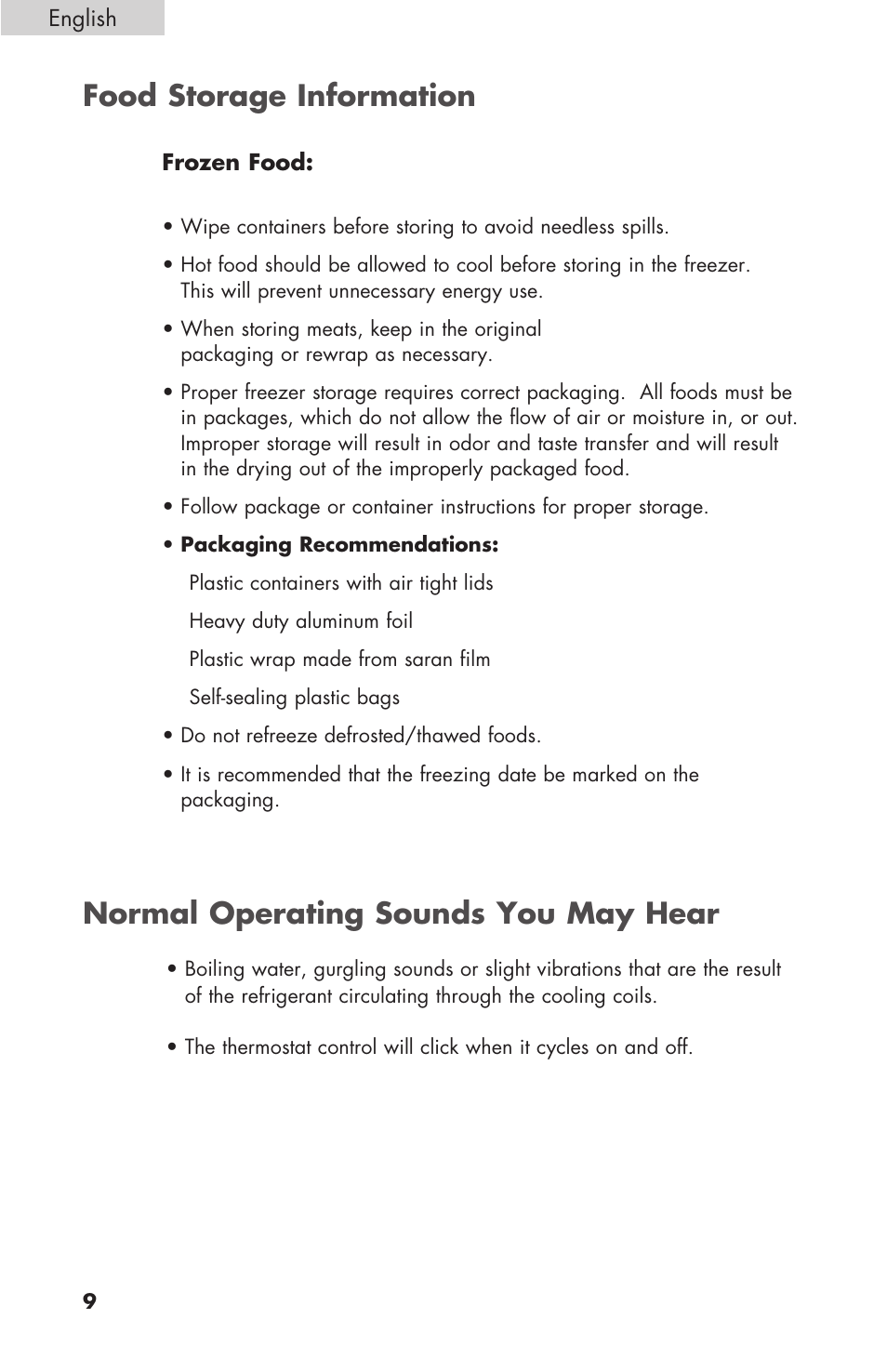 Food storage information, Normal operating sounds you may hear | haier C SERIES ESCM050EC User Manual | Page 10 / 44
