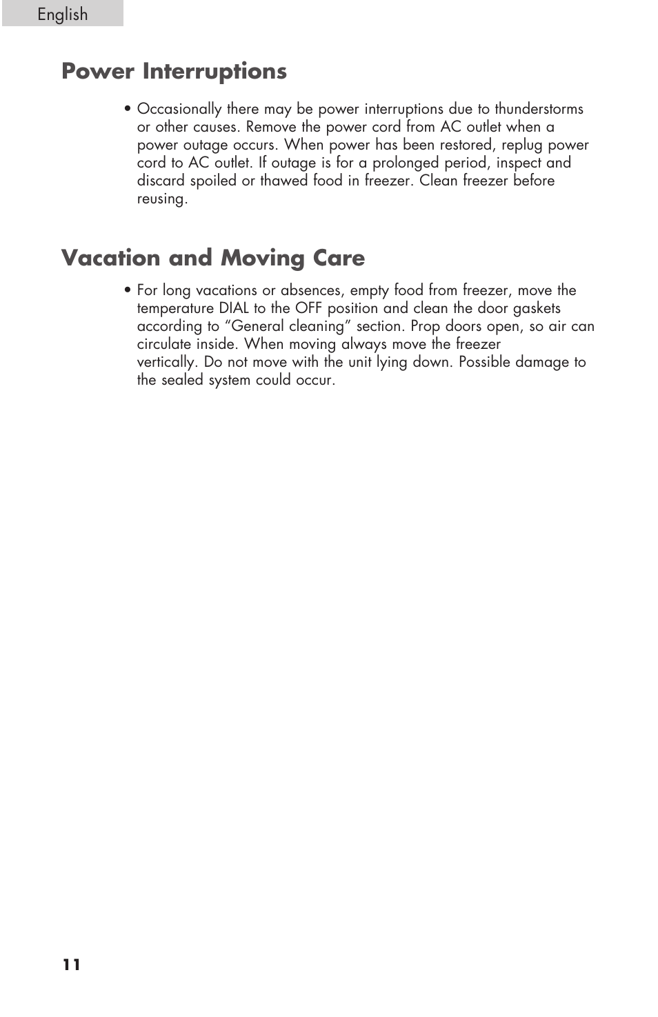 Power interruptions vacation and moving care | haier C SERIES ESCM050EC User Manual | Page 12 / 44