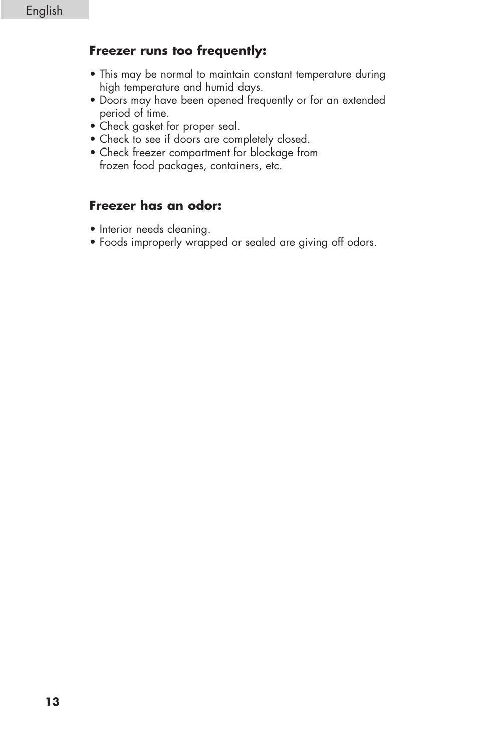 English, Freezer runs too frequently, Freezer has an odor | haier C SERIES ESCM050EC User Manual | Page 14 / 44