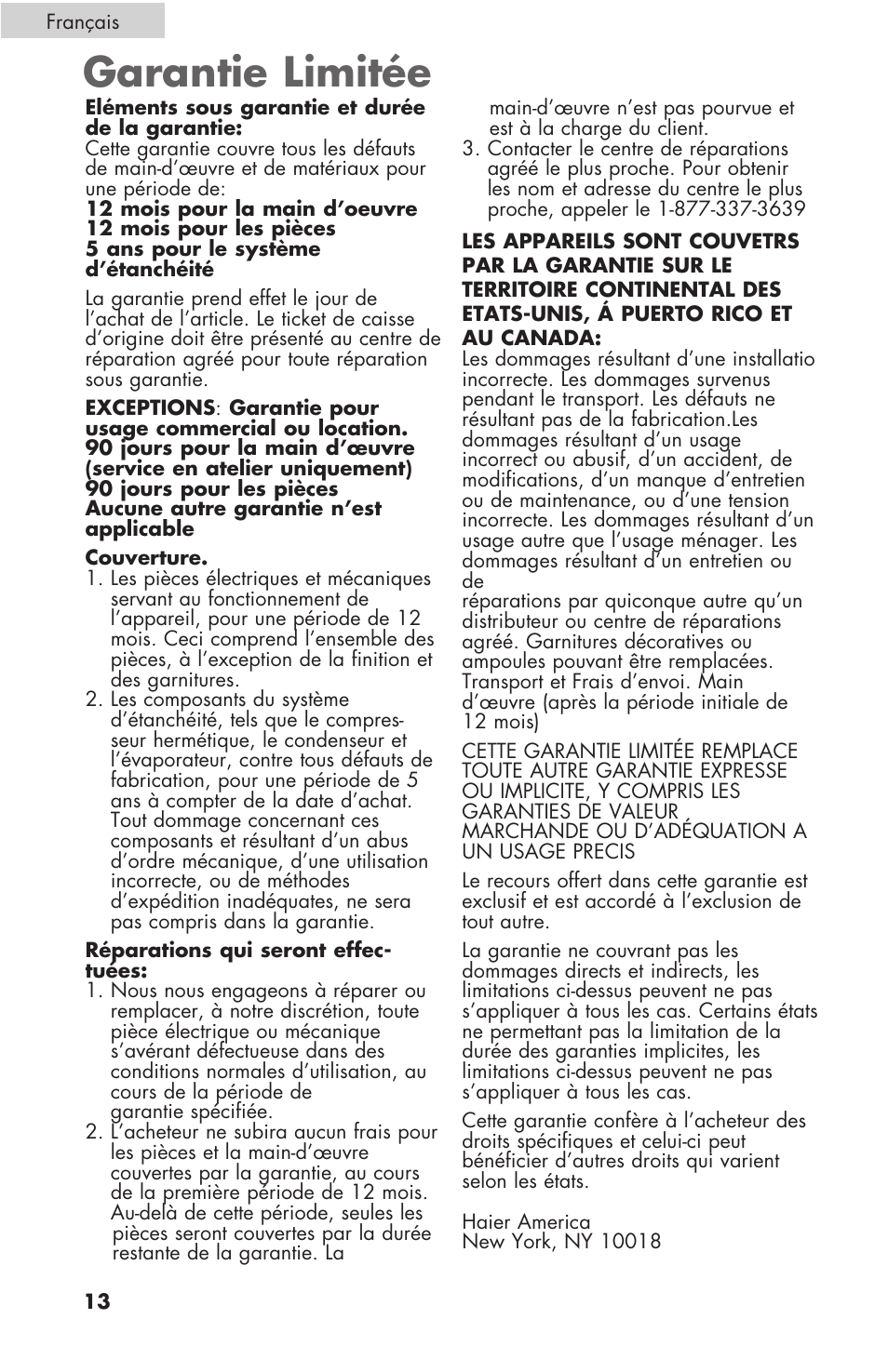Garantie limitée | haier C SERIES ESCM050EC User Manual | Page 28 / 44