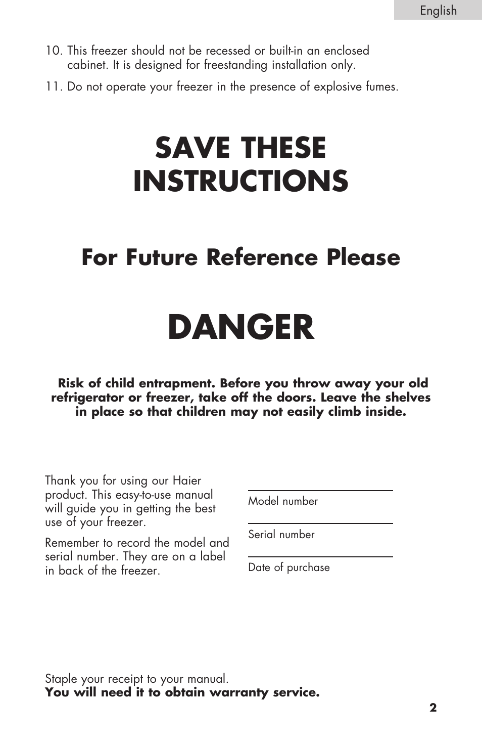 Danger, Save these instructions, For future reference please | haier C SERIES ESCM050EC User Manual | Page 3 / 44
