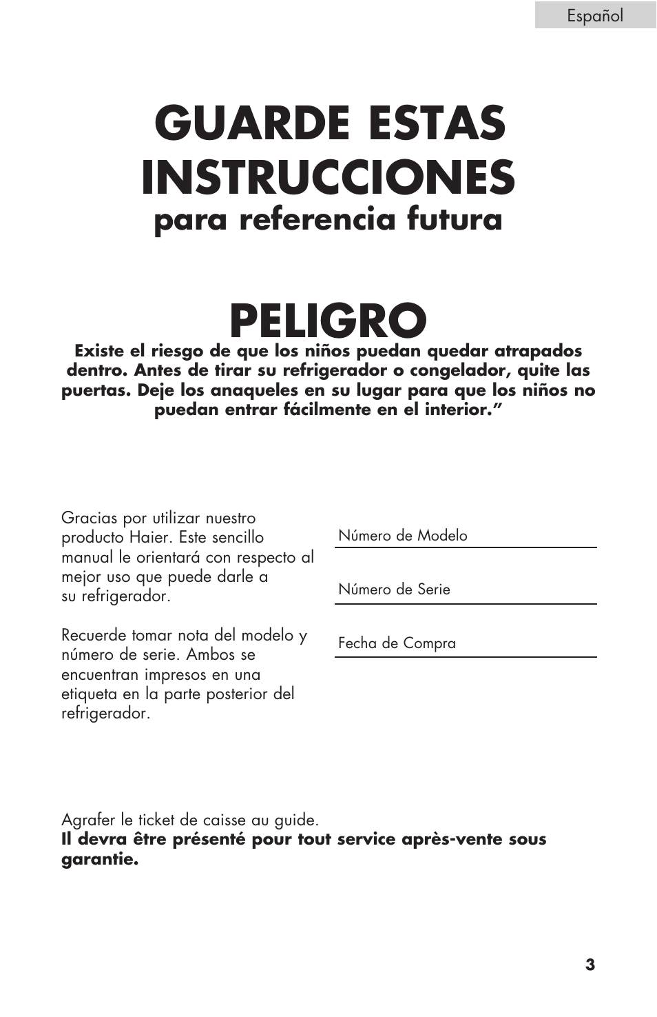 Guarde estas instrucciones, Peligro, Para referencia futura | haier C SERIES ESCM050EC User Manual | Page 31 / 44
