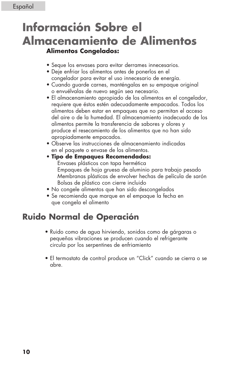 Información sobre el almacenamiento de alimentos, Ruido normal de operación | haier C SERIES ESCM050EC User Manual | Page 38 / 44