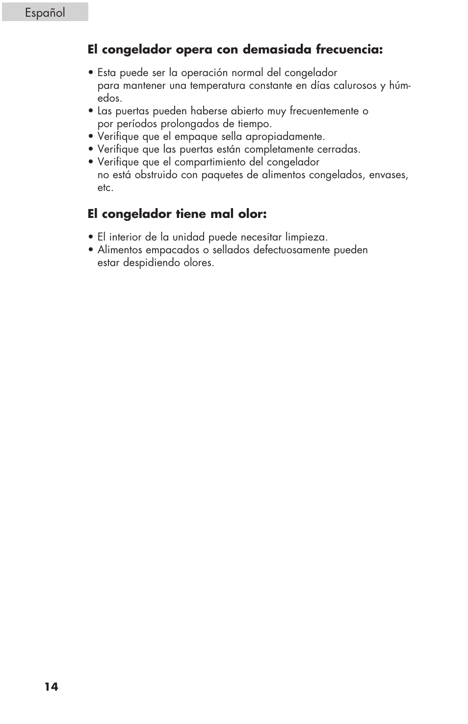 El congelador opera con demasiada frecuencia, El congelador tiene mal olor, Español | haier C SERIES ESCM050EC User Manual | Page 42 / 44