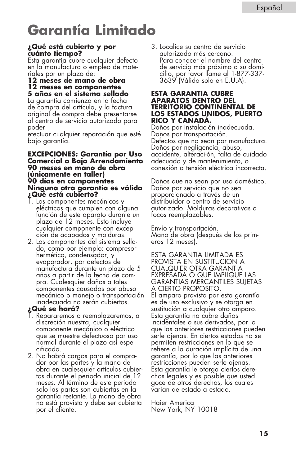 Garantía limitado | haier C SERIES ESCM050EC User Manual | Page 43 / 44