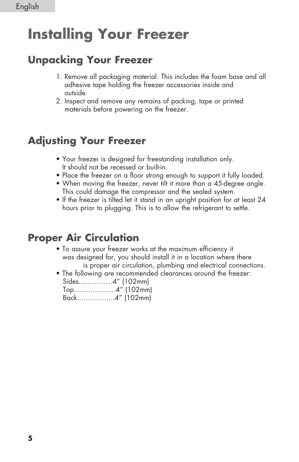 Installing your freezer | haier C SERIES ESCM050EC User Manual | Page 6 / 44