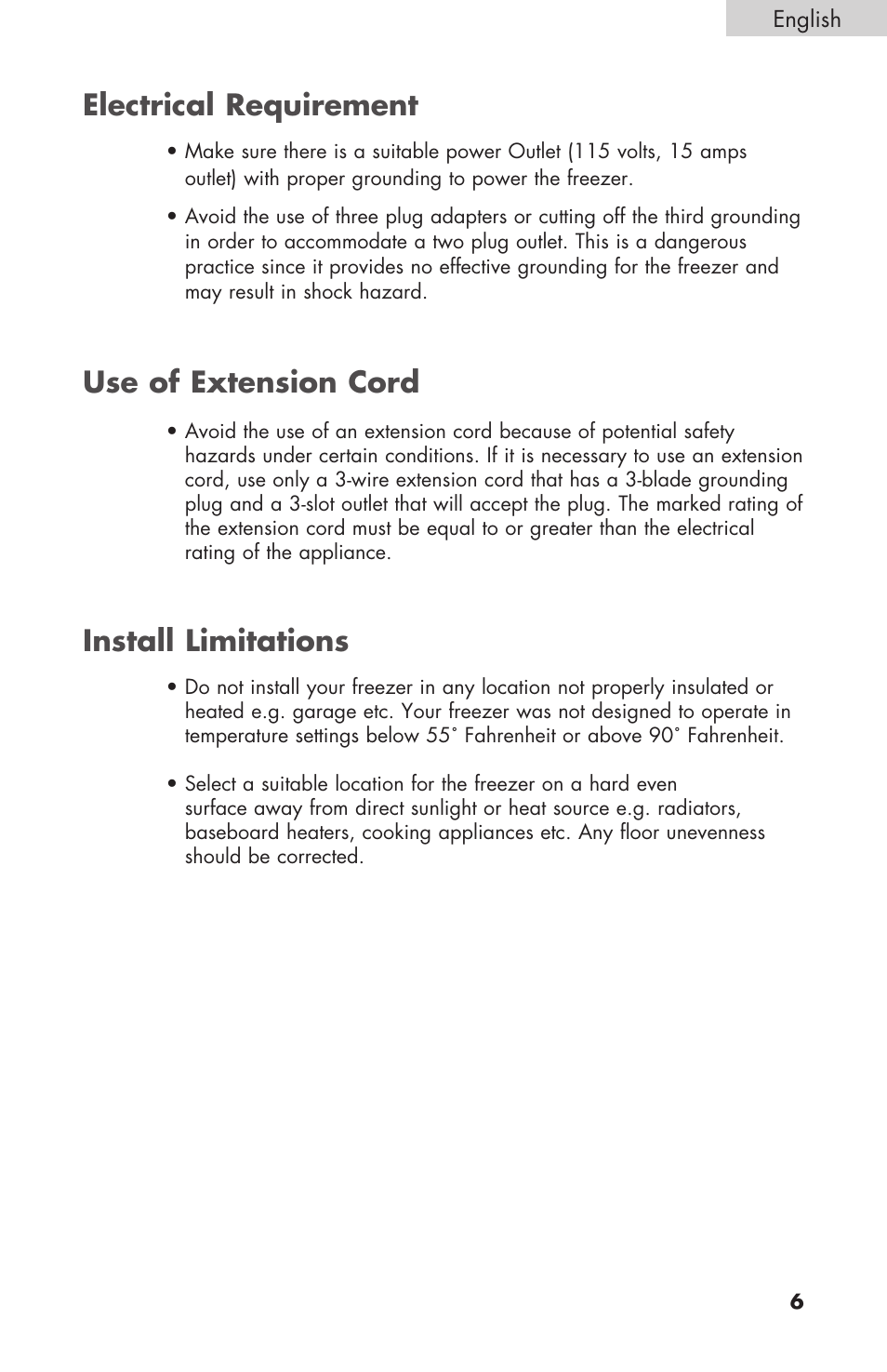 Electrical requirement, Install limitations, Use of extension cord | haier C SERIES ESCM050EC User Manual | Page 7 / 44