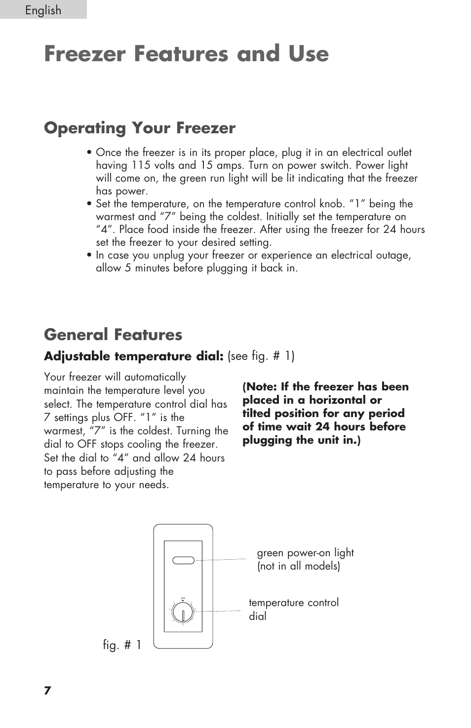 Freezer features and use, General features, Operating your freezer | Adjustable temperature dial, English, See fig. # 1), Fig. # 1 | haier C SERIES ESCM050EC User Manual | Page 8 / 44