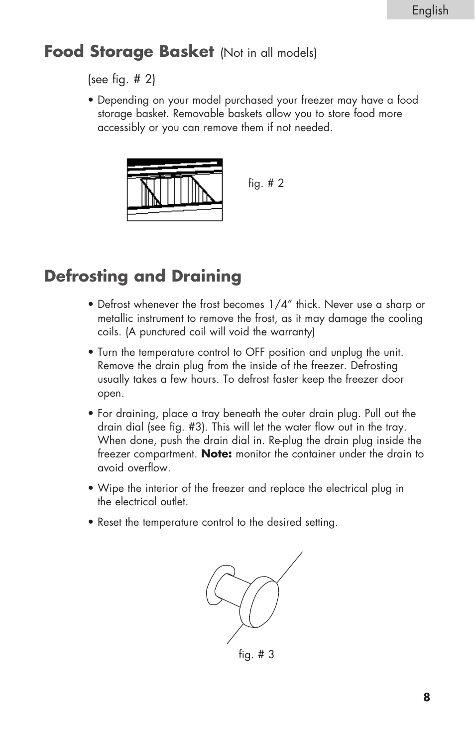 Food storage basket, Defrosting and draining | haier C SERIES ESCM050EC User Manual | Page 9 / 44