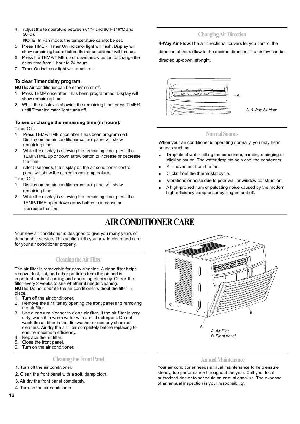 Air conditioner care, Changing air direction, Annual maintenance | haier ESA405K User Manual | Page 12 / 44