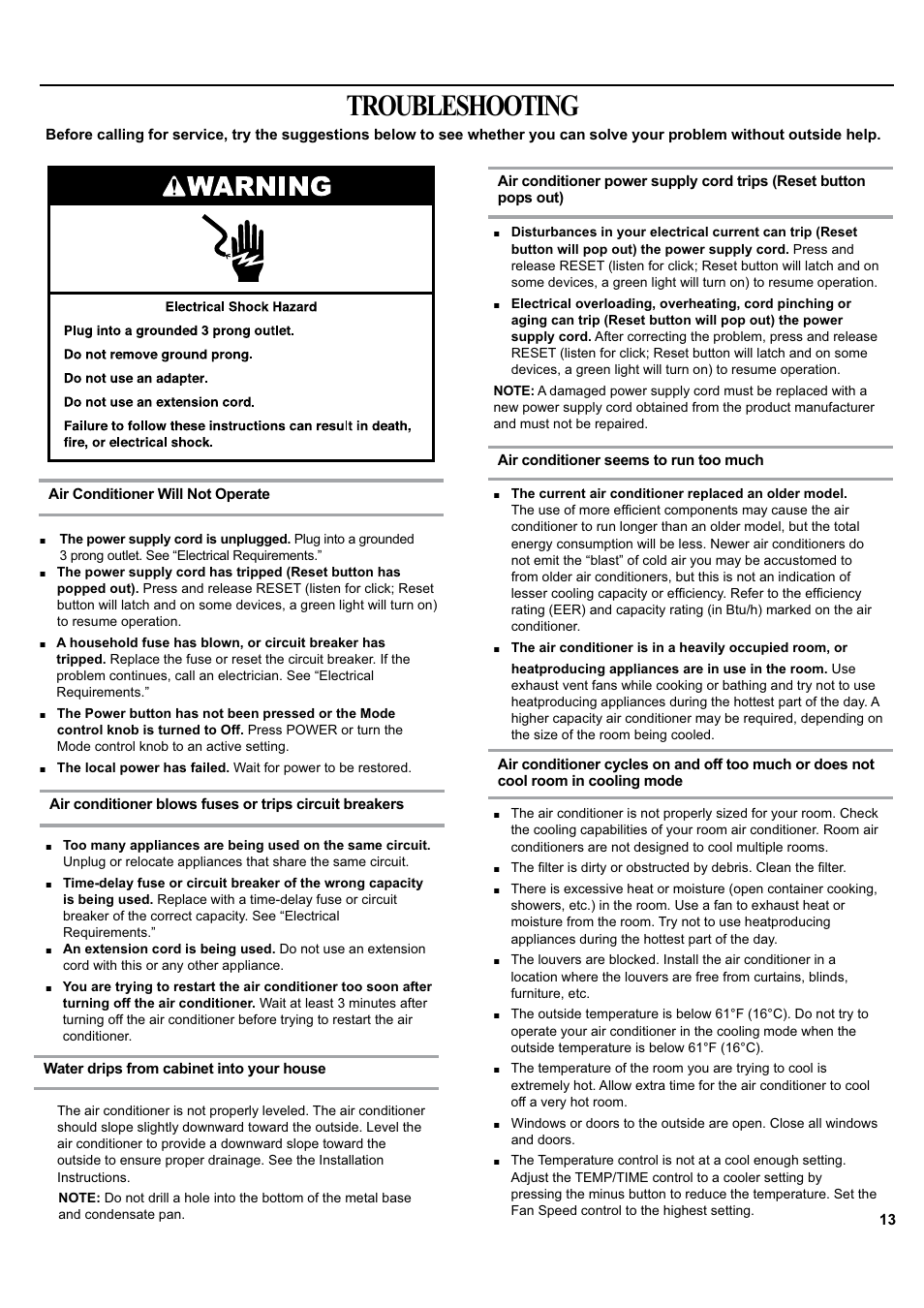 Troubleshooting | haier ESA405K User Manual | Page 13 / 44