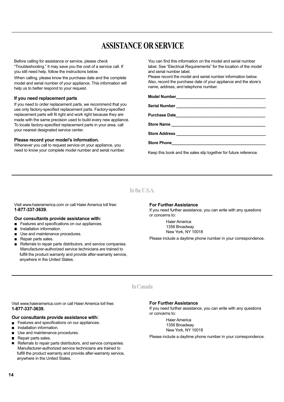 Assistance or service | haier ESA405K User Manual | Page 14 / 44